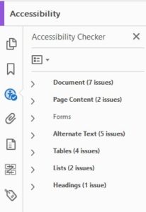 Screenshot of accessibility menu in Acrobat