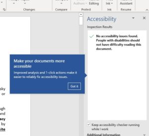Screenshot of accessibility report in Microsoft Word